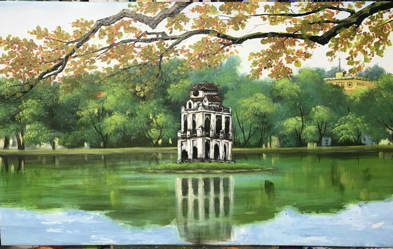 tranh vẽ hồ gươm chưa tô màu rõ nét 