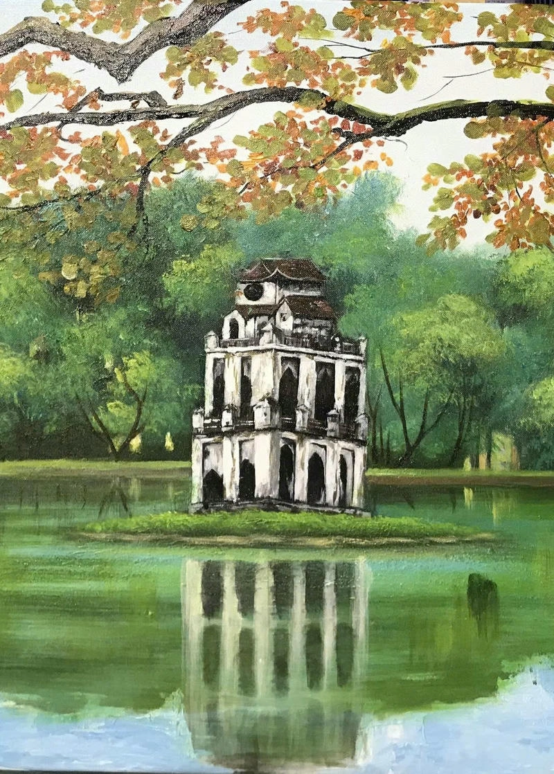 tranh vẽ tháp rùa hồ gươm dễ vẽ 