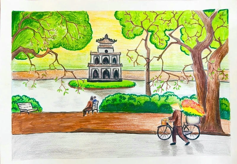 tranh vẽ hồ gươm đẹp phù hợp học sinh cấp 1 