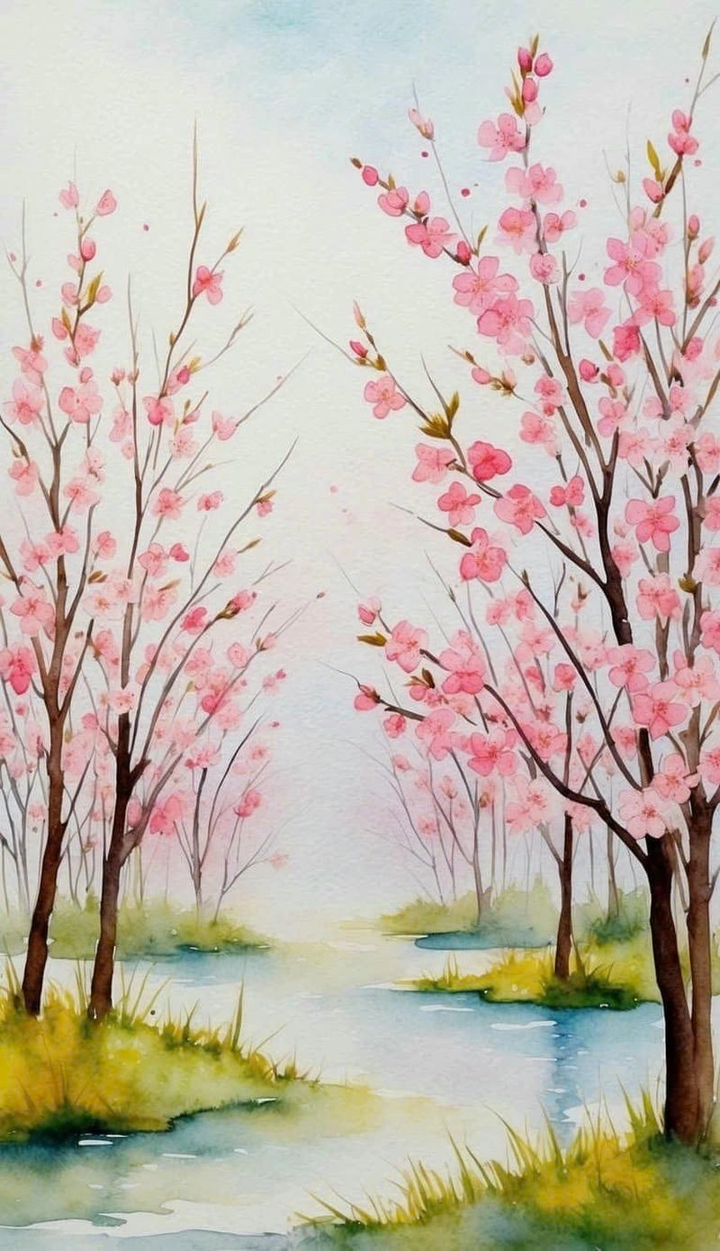 vẽ tranh phong cảnh hoa đào đẹp 
