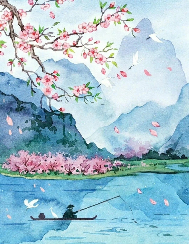 vẽ tranh phong cảnh hoa đào mùa xuân 
