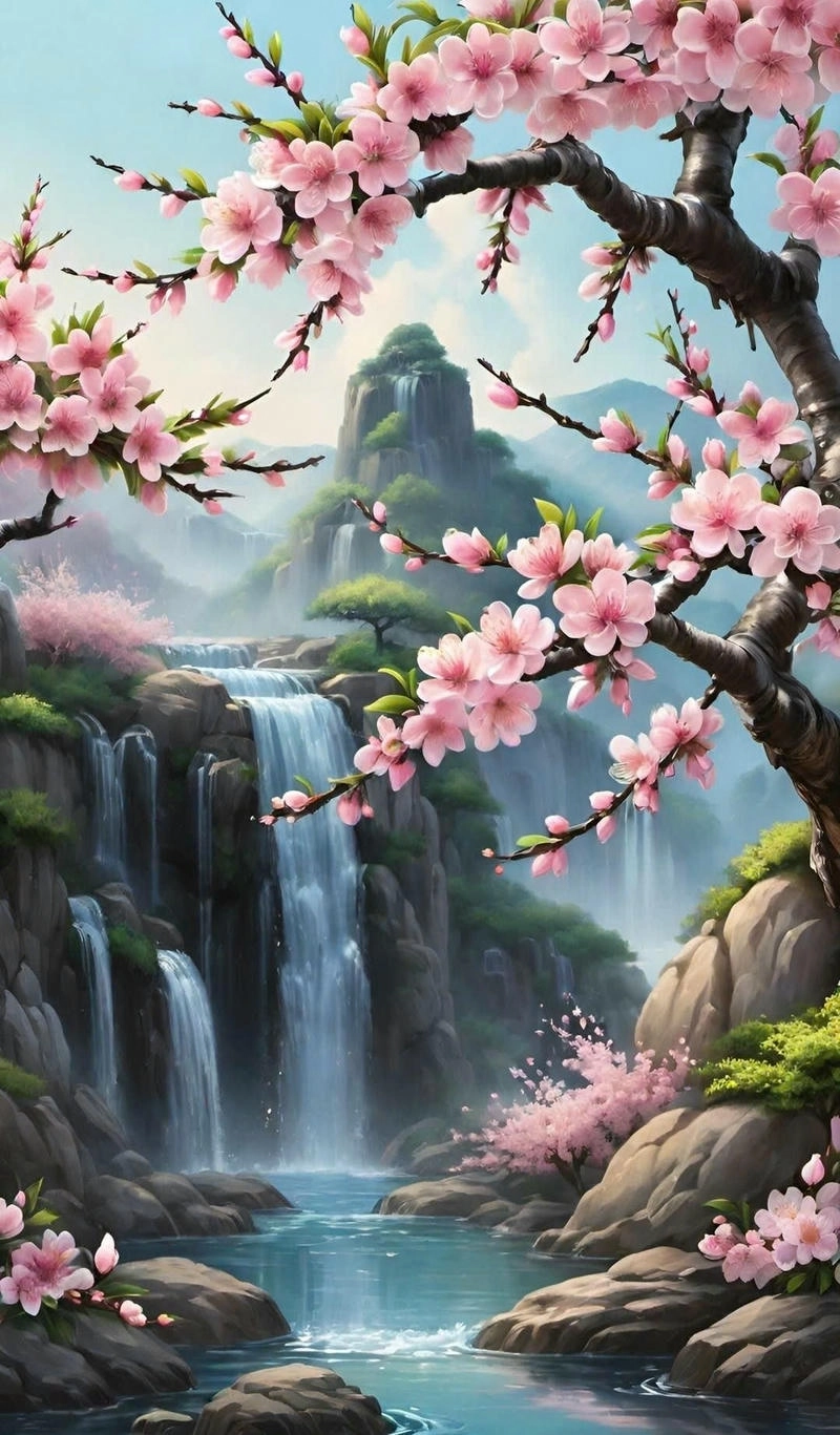vẽ tranh phong cảnh hoa anh đào mùa xuân 