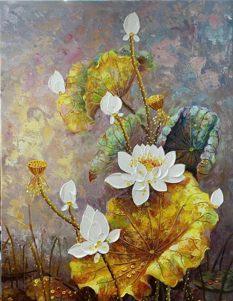 tranh vẽ hoa sen sơn dầu 