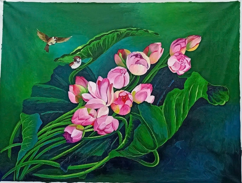 tranh vẽ hoa sen làm quà tặng 