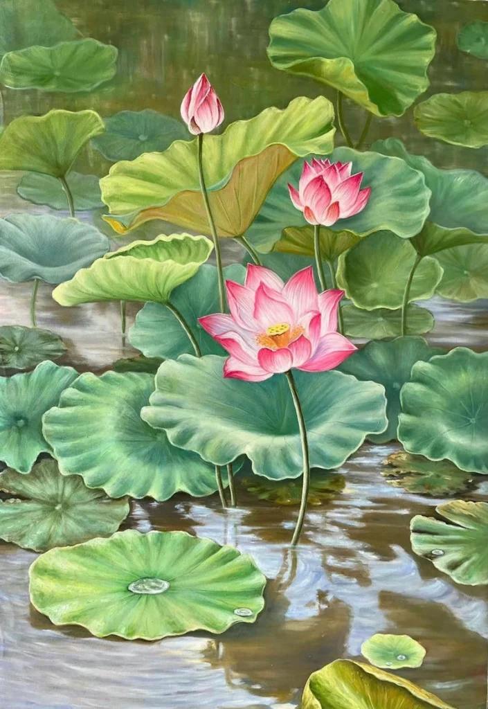 hoa sen tranh vẽ phòng thờ