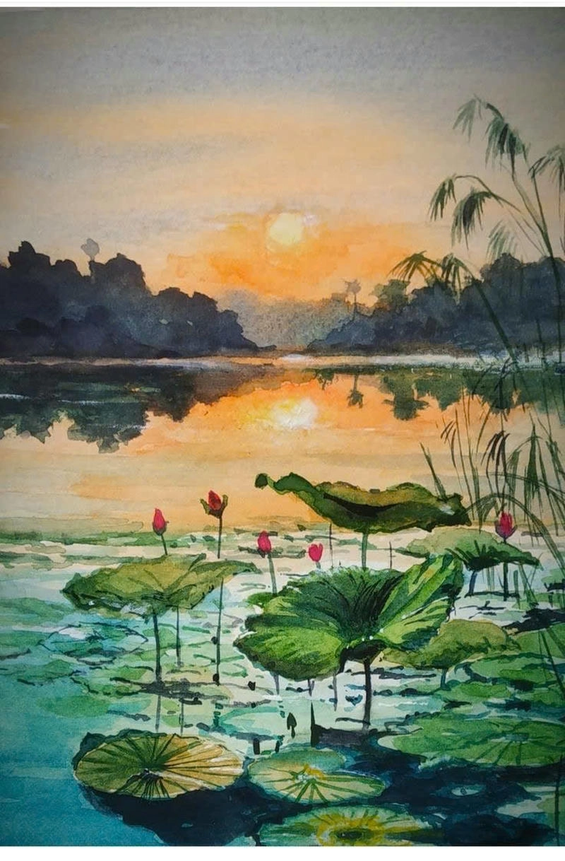 tranh vẽ hoa sen tường phòng khách 