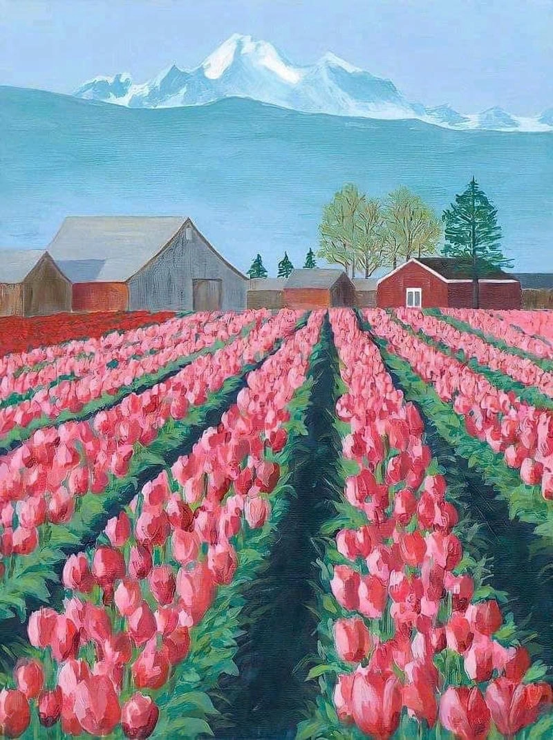 vẽ tranh phong cảnh hoa tulip và bầu trời 