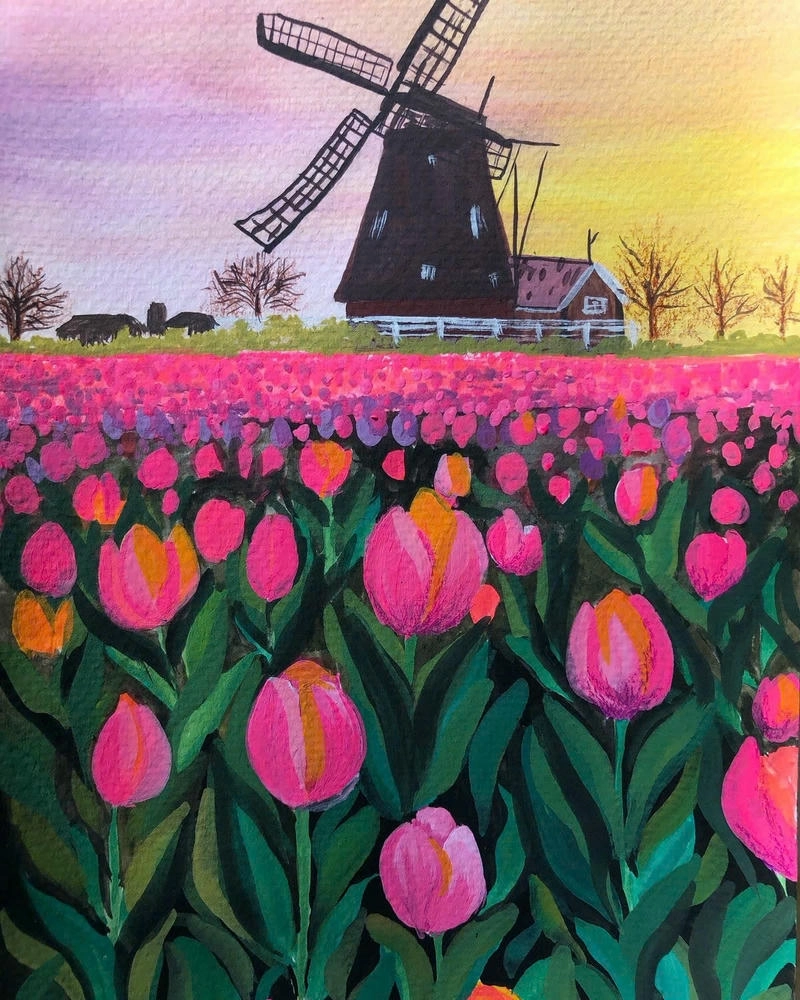 tranh vẽ hoa tulip bằng màu nước tươi sáng 