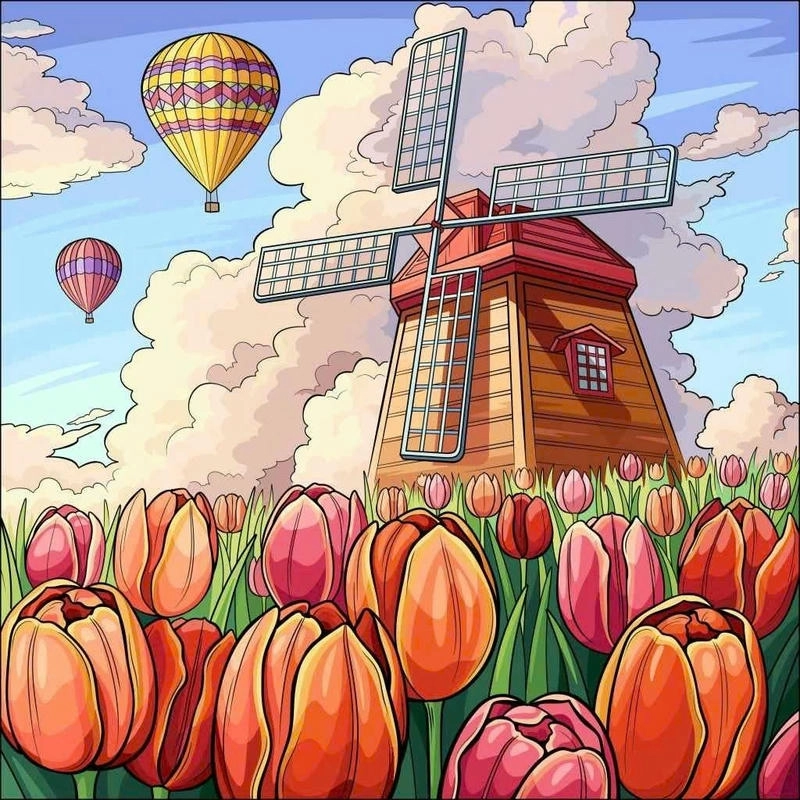 tranh vẽ vườn hoa tulip đẹp mắt 