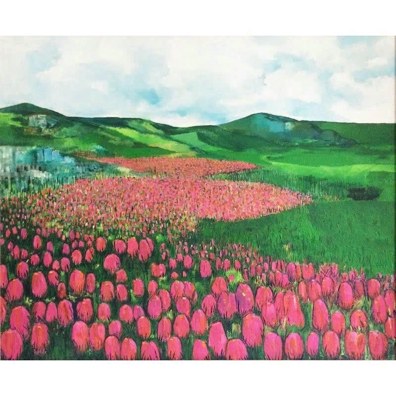 tranh vẽ cánh đồng hoa tulip sống động 
