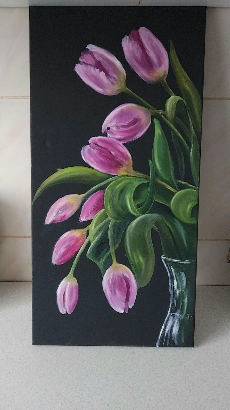 tranh vẽ vườn hoa tulip tươi mới 