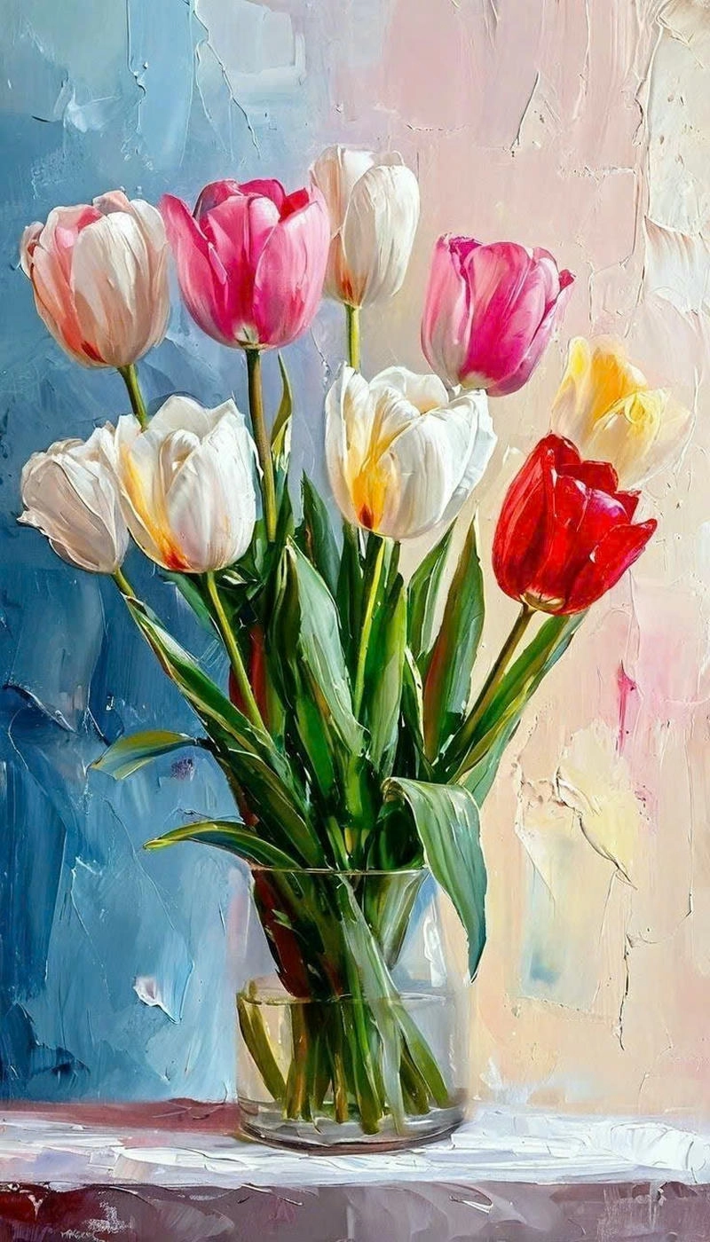 tranh vẽ cánh đồng hoa tulip rực rỡ 