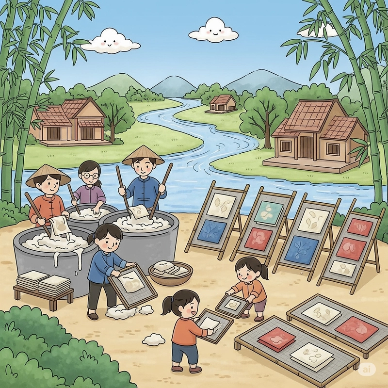 vẽ tranh làng nghề làm bánh tráng miền trung 
