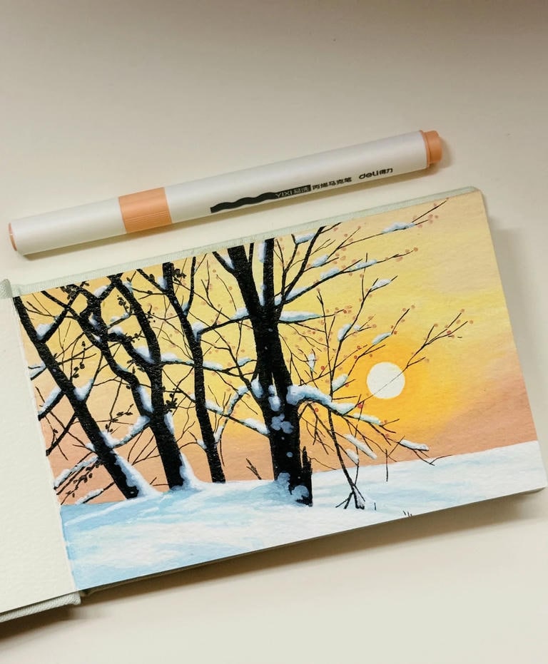 tranh vẽ mặt trời mùa đông tuyệt đẹp