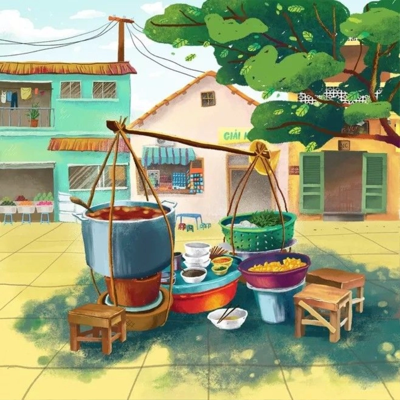 tranh vẽ ẩm thực việt nam đường phố 
