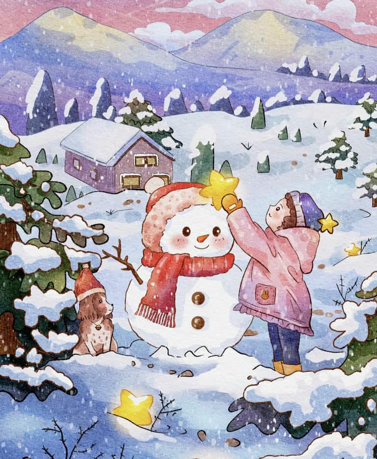 tranh vẽ mùa đông bé và người tuyết