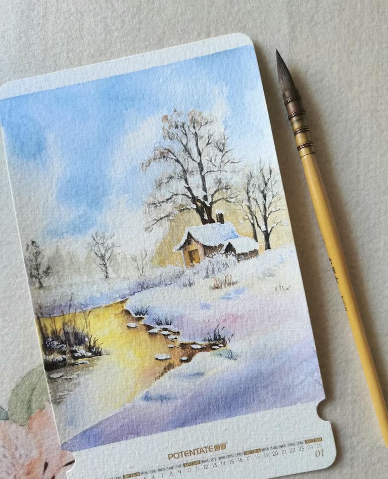 tranh vẽ mùa đông ngôi nhà bên bờ sông