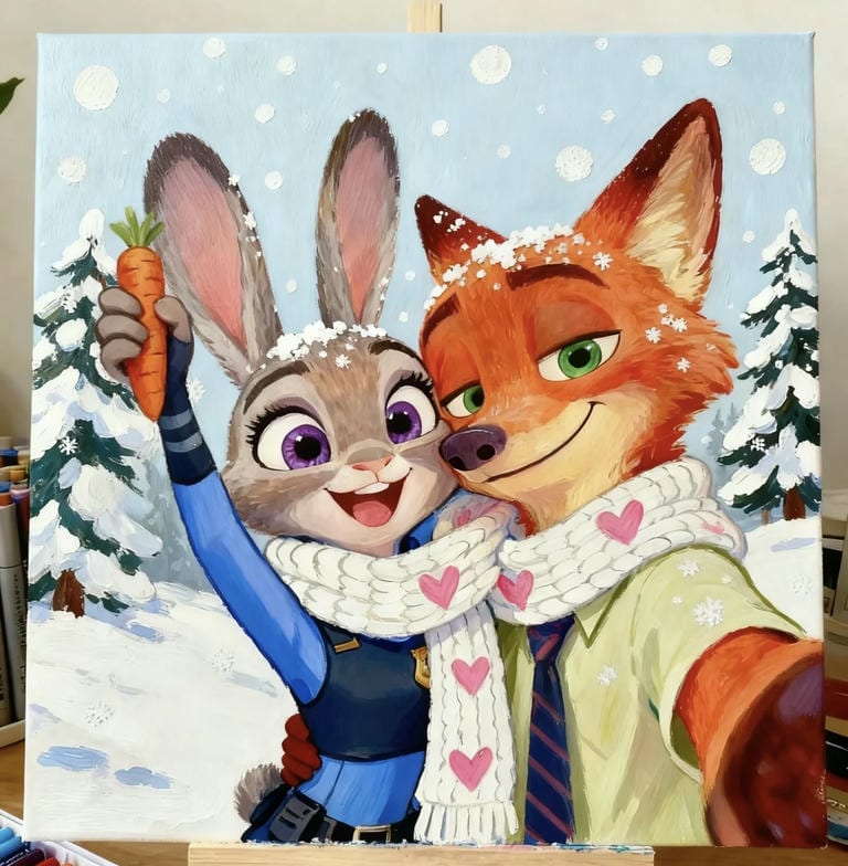 tranh vẽ mùa đông thỏ và cáo