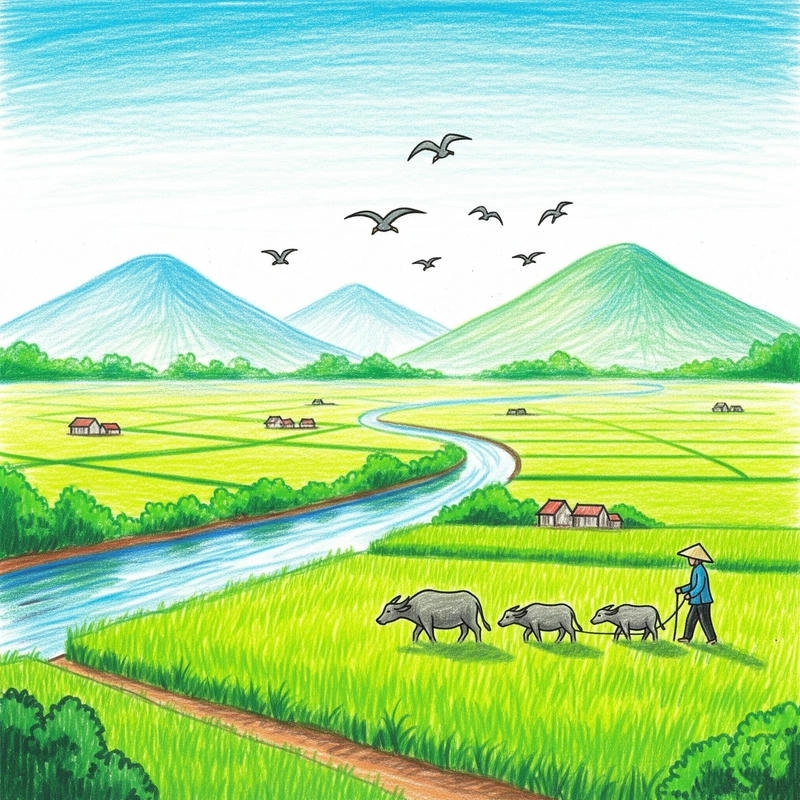 tranh vẽ quê hương màu nước nhẹ nhàng 