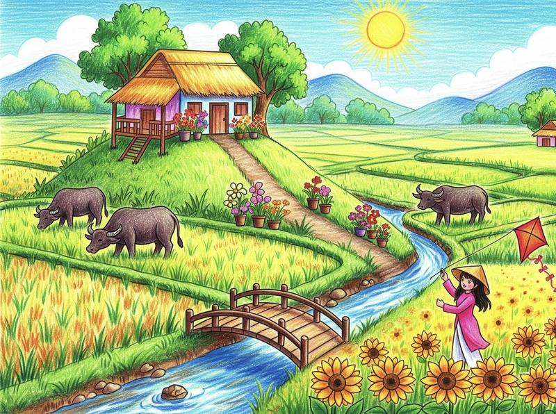 tranh vẽ quê hương em và dòng sông 