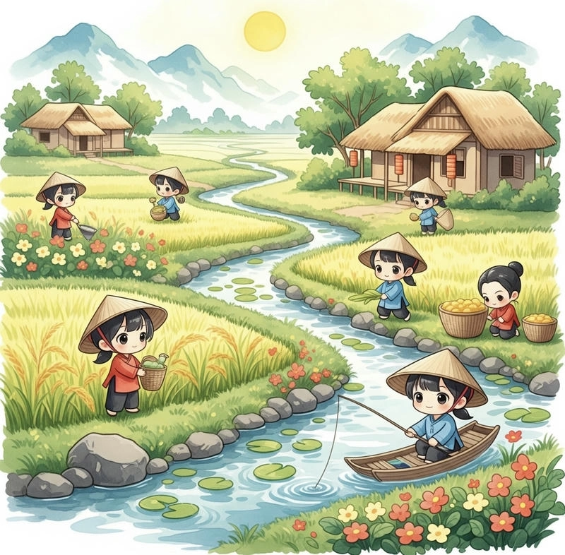 tranh vẽ quê hương đẹp đơn giản 