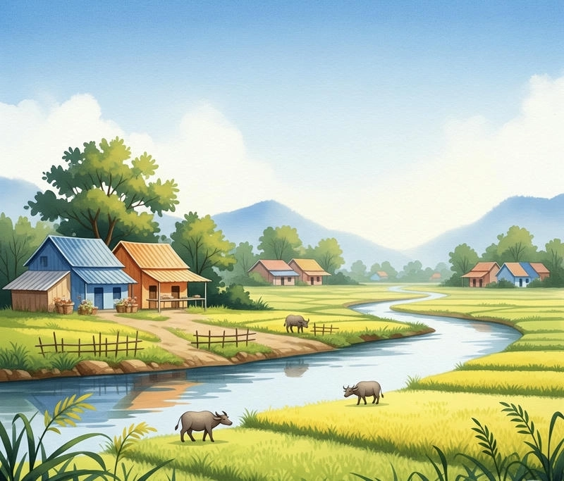 tranh vẽ cảnh đẹp quê hương làng quê việt nam 