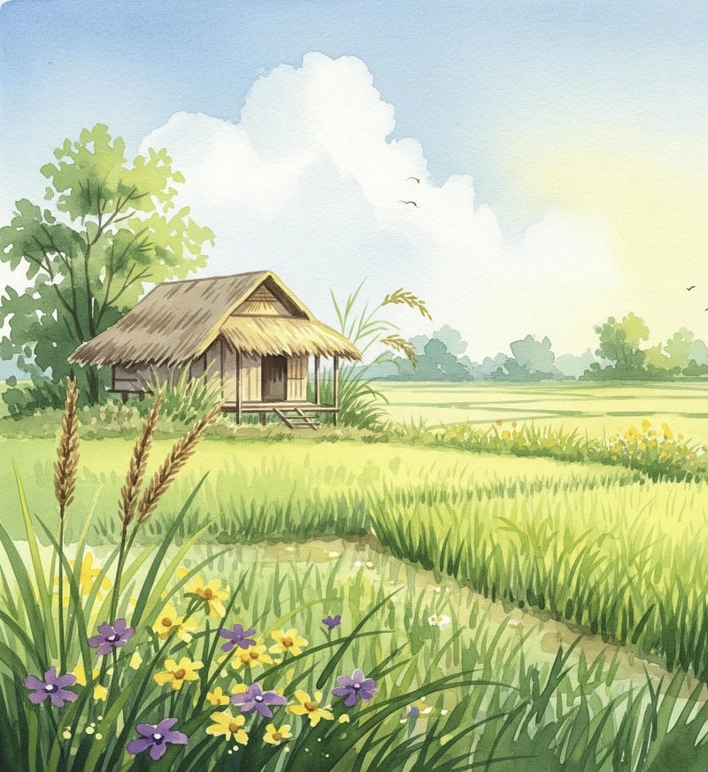 tranh vẽ quê hương em có mái nhà tranh 