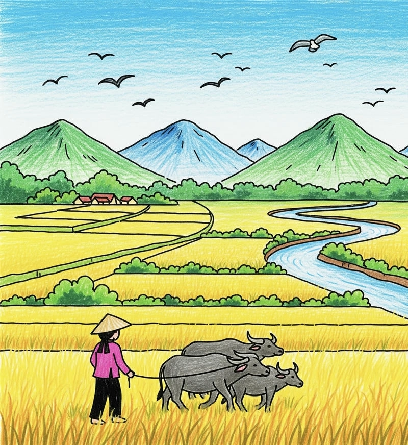 tranh vẽ cảnh đẹp quê hương yên bình 