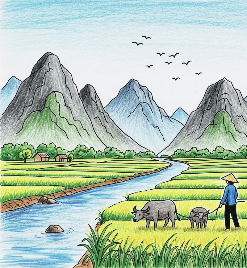 quê hương tranh vẽ hình ảnh làng quê cổ 