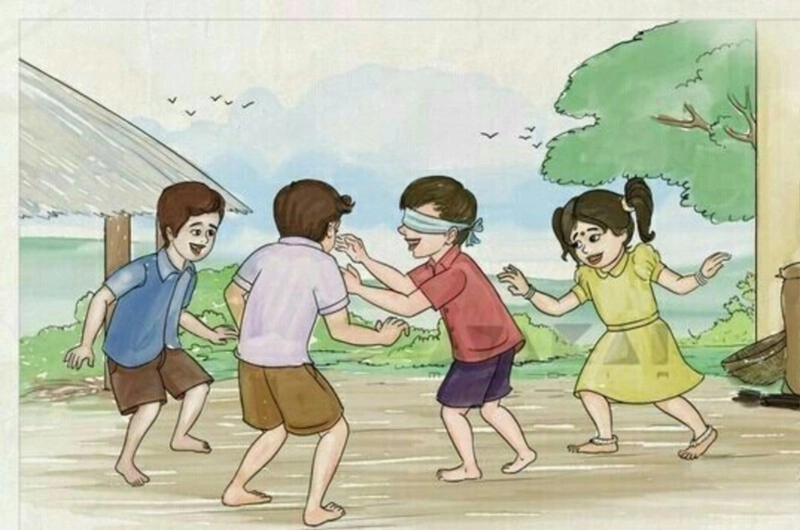 tranh vẽ trò chơi dân gian bịt mắt bắt dê 