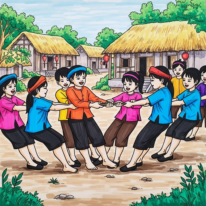 tranh vẽ trò chơi dân gian kéo co 