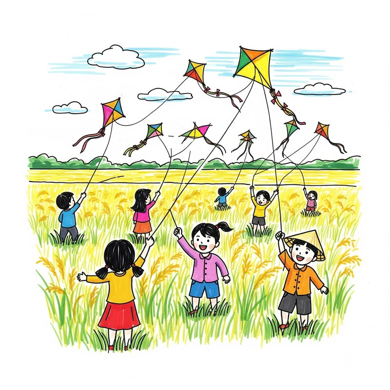 tranh vẽ trò chơi dân gian thả diều 