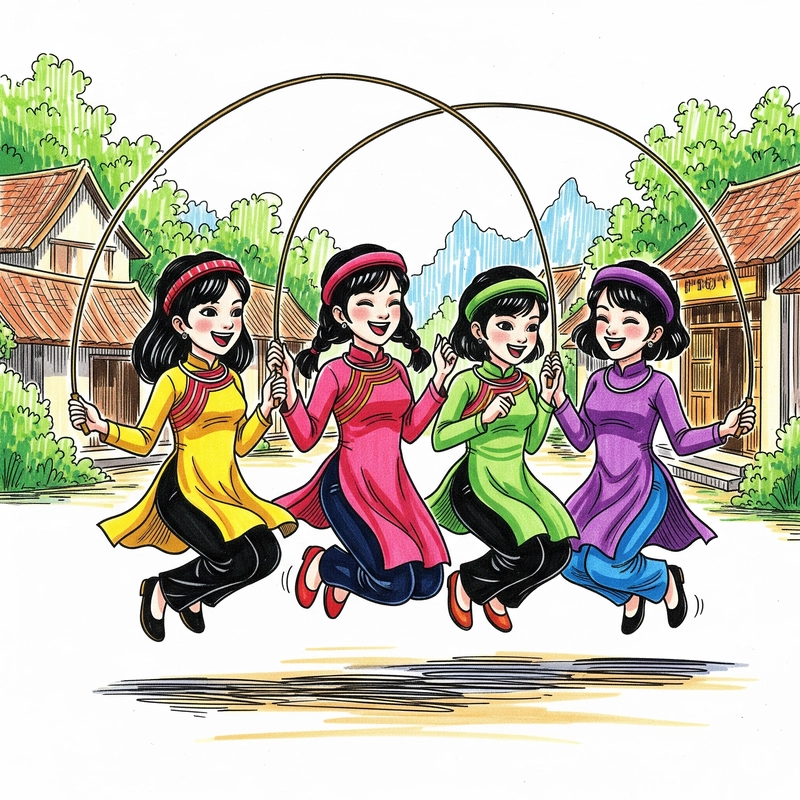 tranh vẽ trò chơi dân gian nhảy dây 