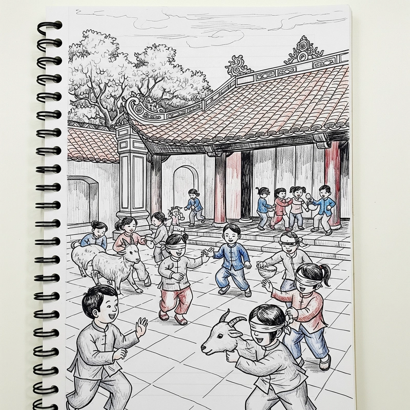 tranh vẽ trò chơi dân gian trốn tìm 