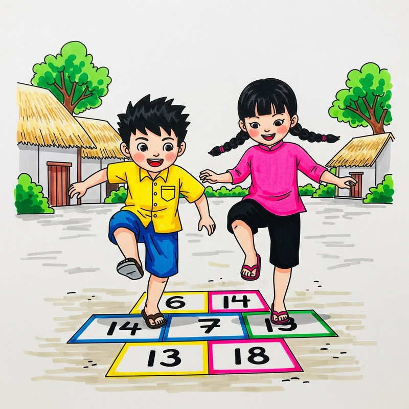tranh vẽ trò chơi dân gian nhảy lò cò 