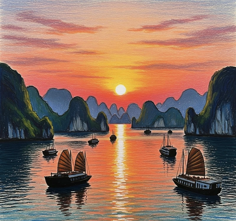 tranh vẽ vịnh hạ long truyền thống 
