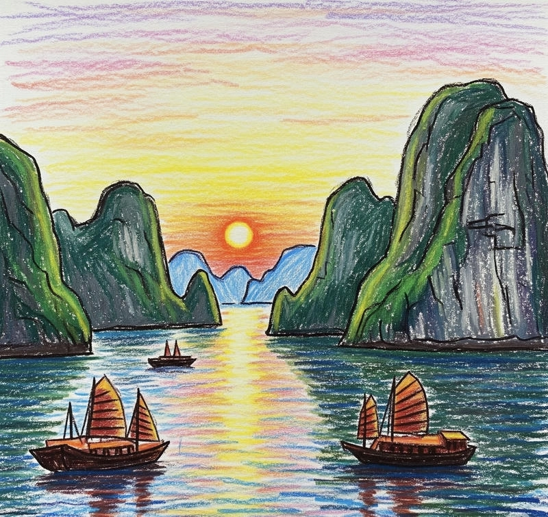 tranh vẽ vịnh hạ long sống động 