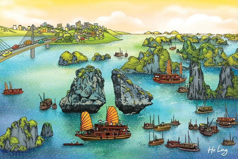 tranh vẽ vịnh hạ long chân thực 
