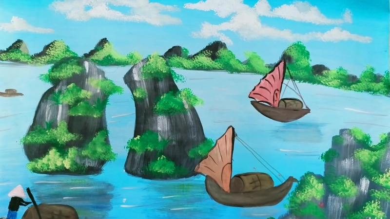 tranh vẽ vịnh hạ long khung gỗ 