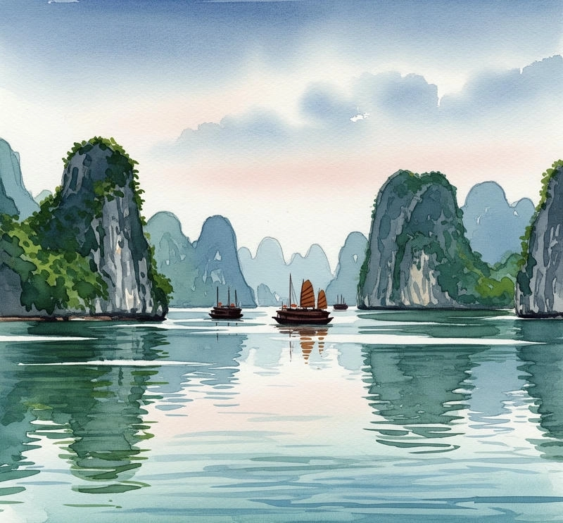 tranh vẽ vịnh hạ long phong cảnh 
