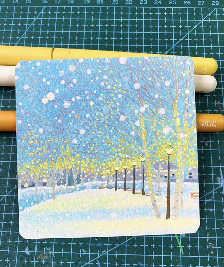 vẽ tranh bầu trời mùa đông tuyết rơi