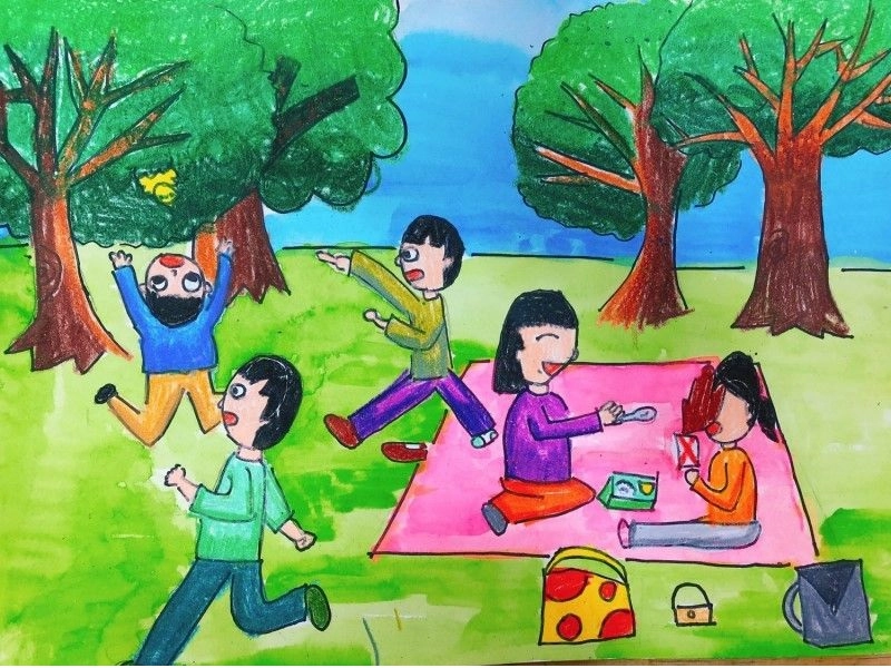 vẽ tranh cắm trại đơn giản tại công viên 