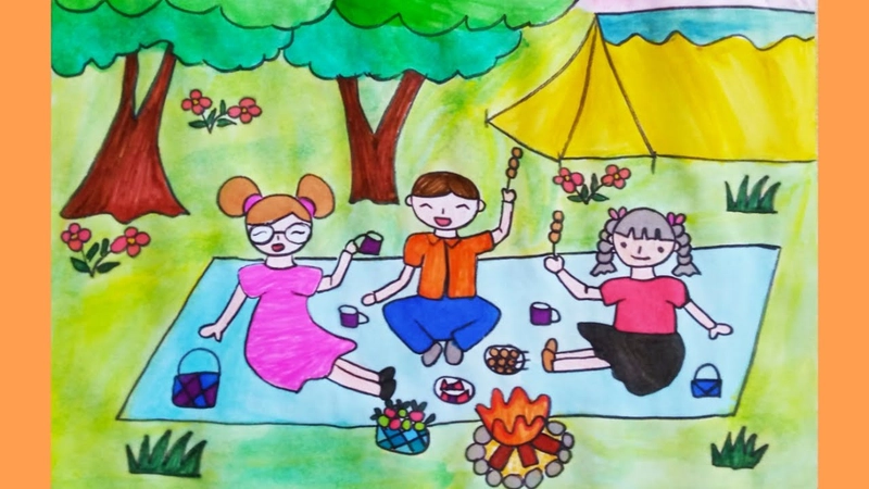 vẽ tranh cắm trại đơn giản với lều và cây cối 