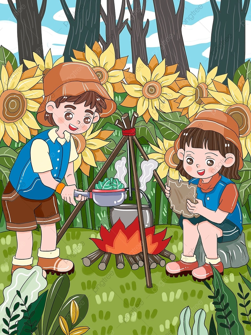 vẽ tranh cắm trại ngày hè với ánh nắng vàng 