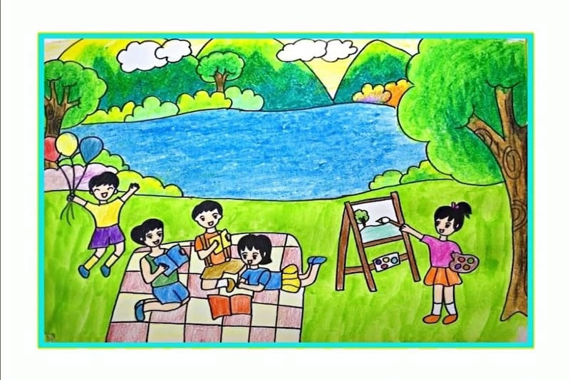 vẽ tranh cắm trại đơn giản cảnh yên bình 