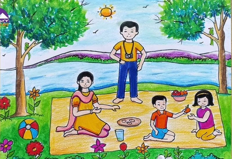 vẽ tranh trại hè học sinh sinh hoạt ngoài trời 