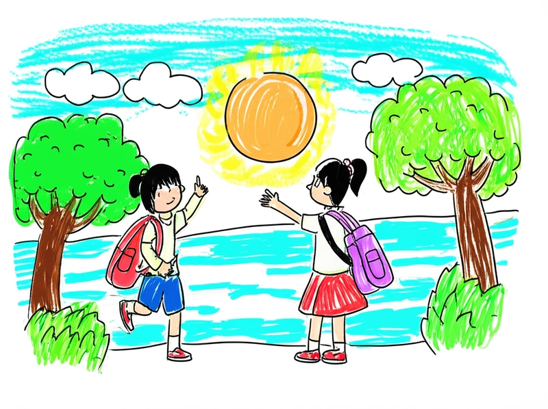 vẽ về chủ đề mùa hè có cây, bãi biển, trời xanh 
