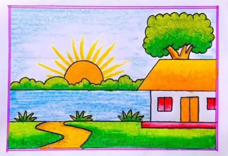 tranh vẽ chủ đề mùa hè có cây xanh, trời nắng 