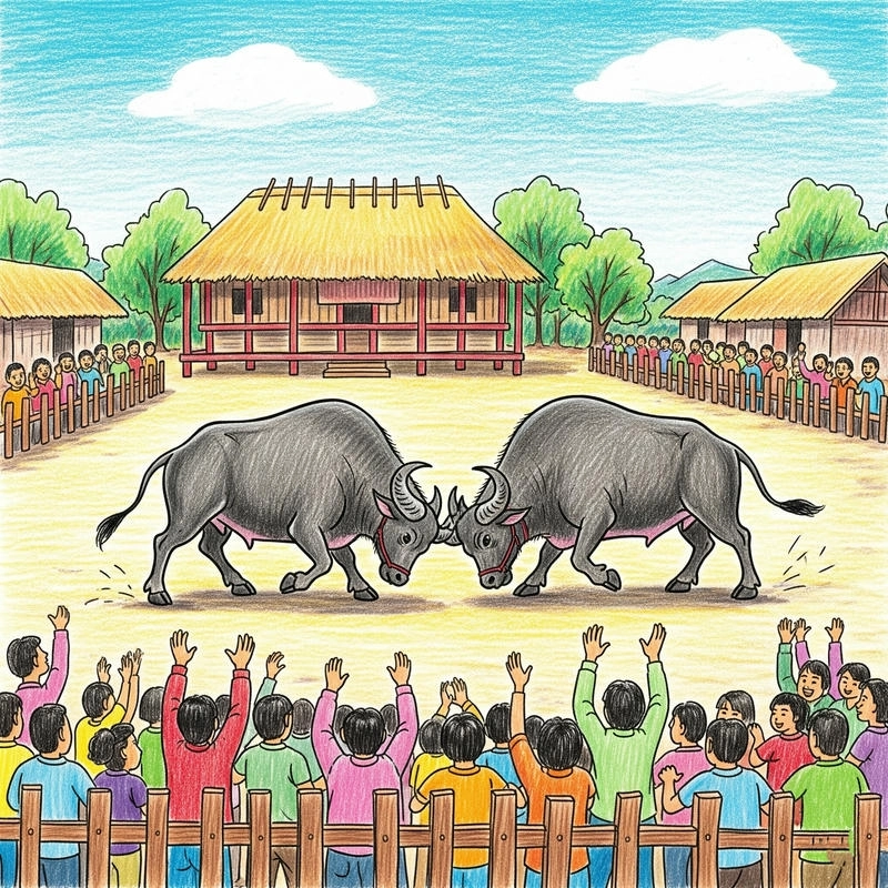 vẽ tranh chọi trâu màu sắc tươi sáng 
