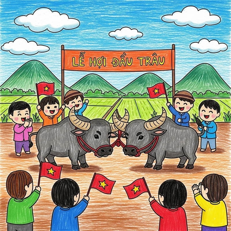 vẽ tranh lễ hội chọi trâu dễ vẽ 
